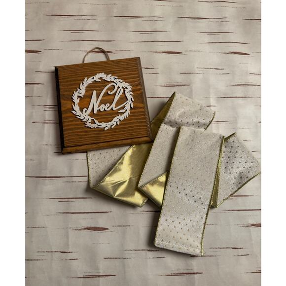 Holiday Christmas Card Holder Noel Wooden Topper White Velvet Gold Ribbon - Picture 5 of 5